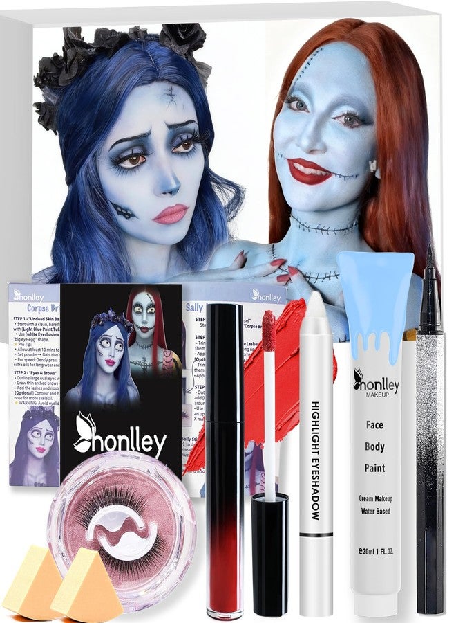 Honlley Halloween Sally & Corpse Bride Makeup Kit Costume Women - Light Blue Water-Based Face Paint Washable, Red Lip Stick, Black Eyeliner, False Lashes,White Eyeshadow | Cosplay Party SFX Makeup Set - Image 1
